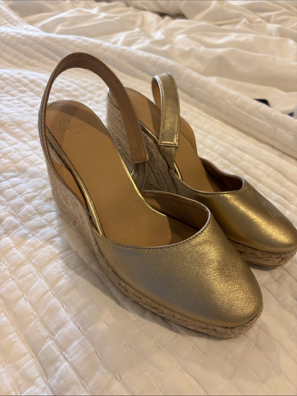 Castaner Metallic Gold Slingback Wedge Espadrilles